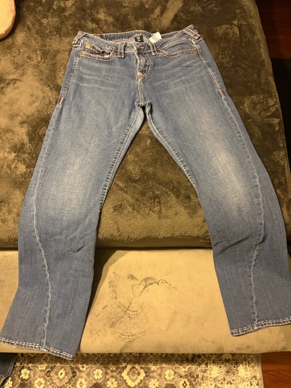 True Religion Blue Denim Jeans with Pink Contrast Stitching, size 30 women’s.$35